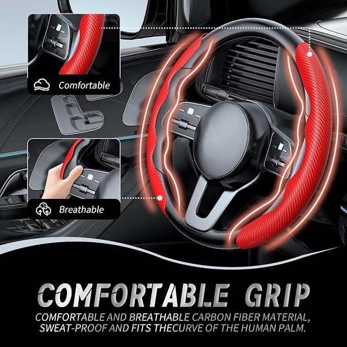 2pcs Car Steering Wheel Cover,Anti-Skid Carbon Fiber Steering Wheel Protector for Men Women,Multiple Color Options,Universal for Most Car Interiors Accessories (Red)