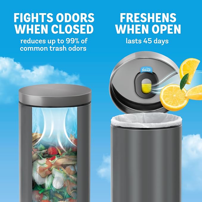 Trash Odor Fighter, Trash Can Air Freshener, Stick-On Deodorizer for Garbage Cans, Diaper Pails, Works with Scented Trash Bags, Fresh Lemon and Linen & Sky Scents, 2 Holders + 2 Refills