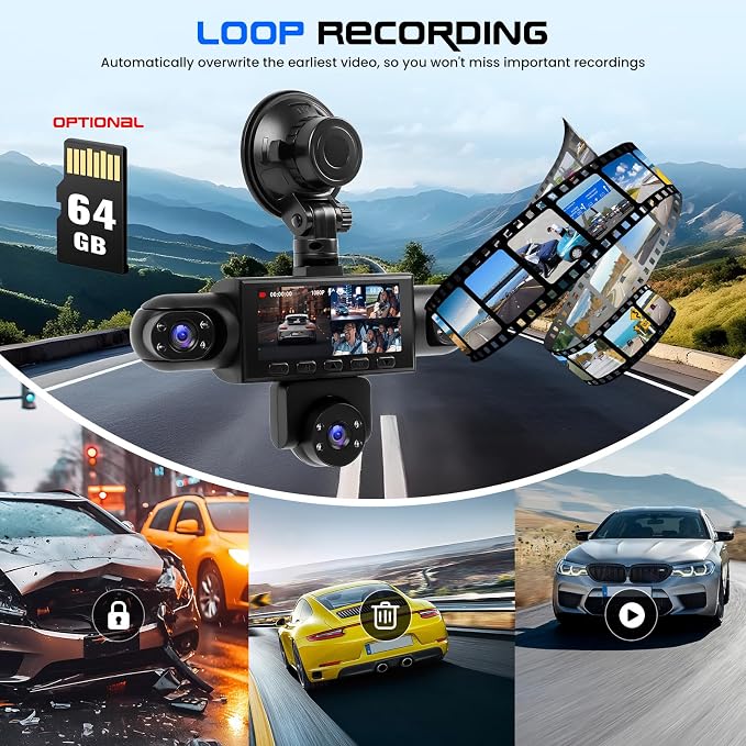5 Channel Dash Cam 360° View, 1080P Front and Rear Left Right Inside 3.16 Inch Dash Camera for Cars, 12 Lights Night Vision, Motion Detection Camera for Cars