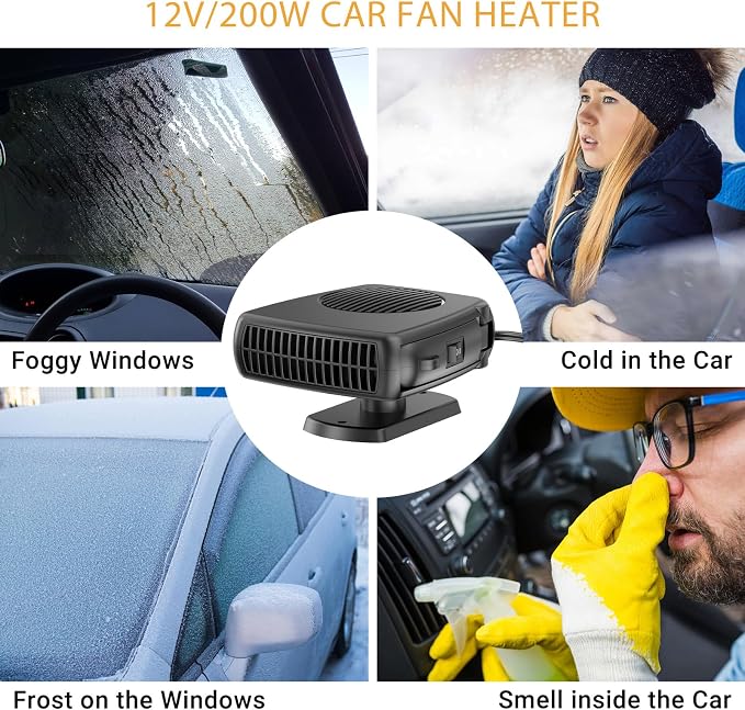 12V Car Heater, 200W Portable Windshield Defroster with Heating/Cooling Fan and Plug in Cigarette Lighter Fast Heating Defrost Defogger with Ergonomic Handheld Design for All Kinds of Cars (Black)