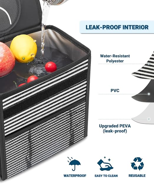 Car Trash Can with Lid, Leakproof Car Trash Bag Hanging Waterproof Automotive Garbage Can with Storage Pockets Mini Vehicle Trash Bin for Back/Front Seat(Stripe,2.5 Gallon)