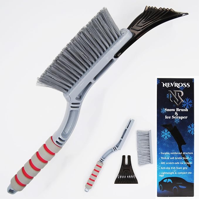 Snow Brush and Ice Scraper 18 Inch, Heavy Duty Car Windshield Snow Removal Tool with Thick Soft Bristles, Scratch Safe ABS Scraper, Anti Slip Foam Grip (Grey)