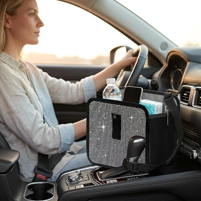Bling Car Trash Can with Rhinestone, Sparkling Foldable Auto Garbage Container Hanging Back Seat Organizer, Crystal Dustbin Leakproof Garbage Can for Vehicle Home Office (Colorful)