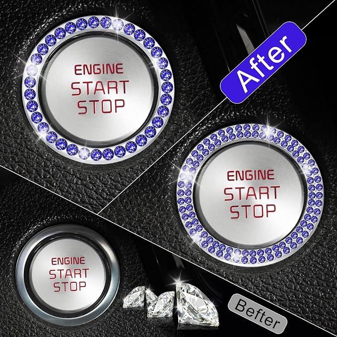 2 PCS Crystal Combinatorial Rhinestone Car Engine Start Decoration Ring, Push to Start Button Cover Sticker, Bling Car Interior Accessories for Women, Automotive Decals, Dark Blue