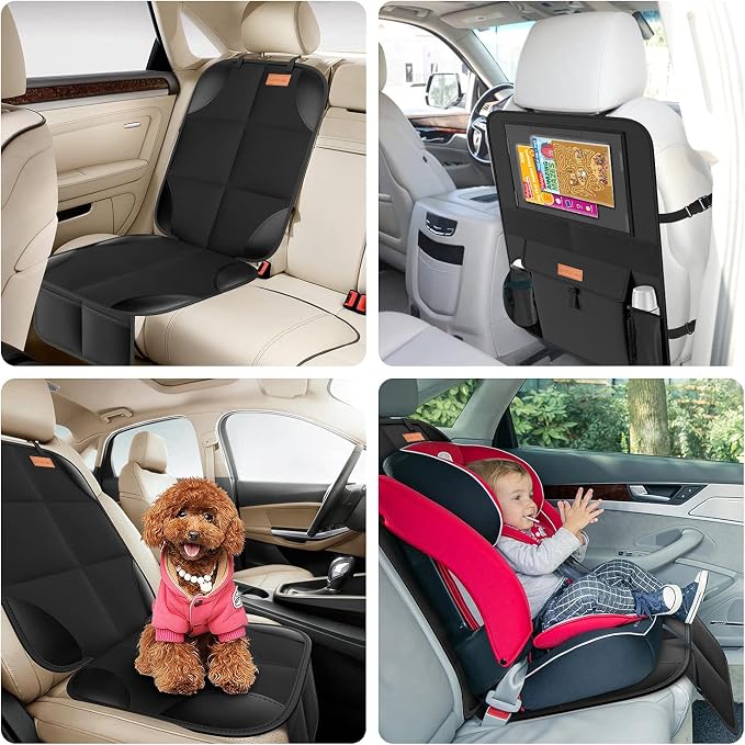Non-Slip Backing Backseat Car Organizer Kick Mat with Storage Pockets, Large Waterproof Baby Car Seat Protector for Leather and Fabric (Black)