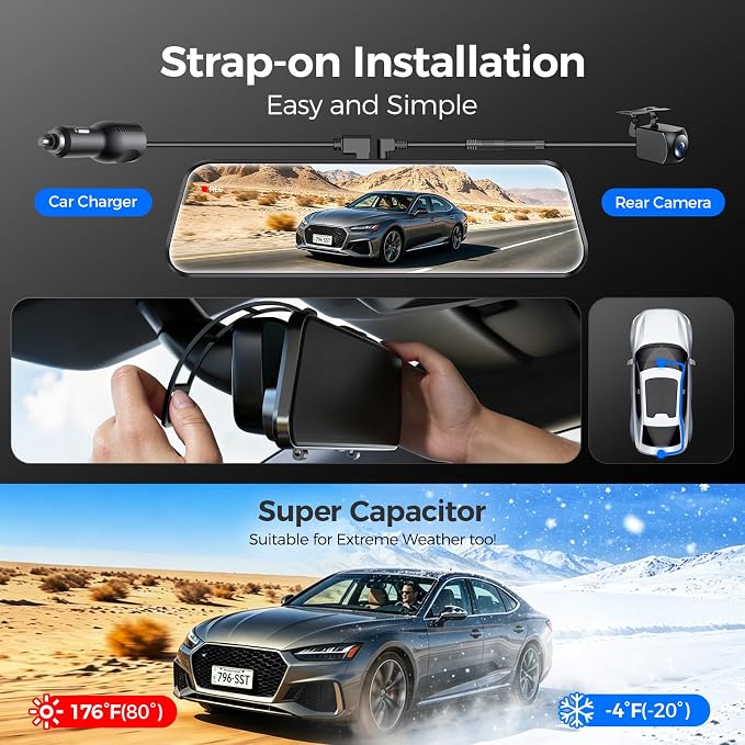 Mirror Dash Cam,Rear View Mirror Camera 10'', 1080P FHD Full Touch Screen Dash Cam Front and RearCam with Night Vision, Streaming Media 170°Wide Angle Parking Assistance Free 32GB Card