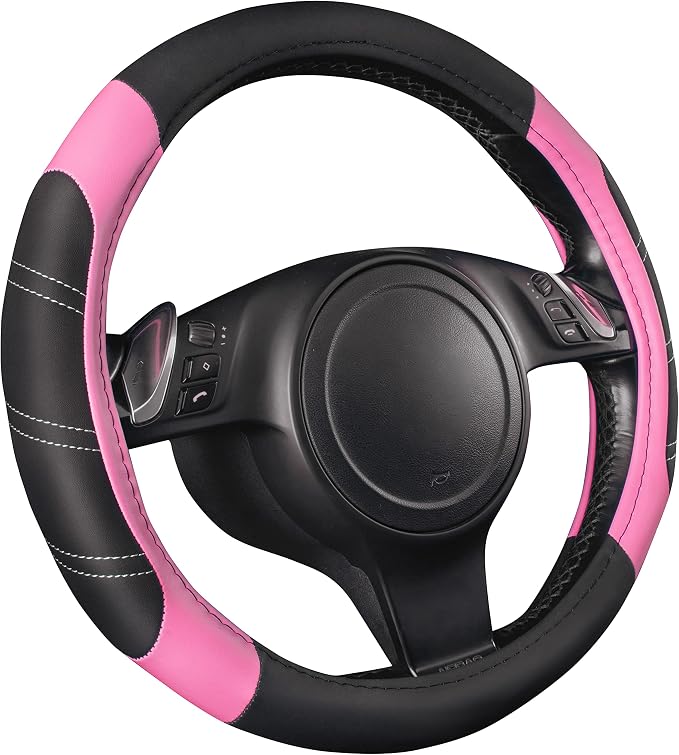 Line Rider Microfiber Leather Sporty 14.5-15 inch Steering Wheel Cover Universal Fits for 95% Truck,SUV,Cars, Anti-Slip Safety Comfortable Design (Black Pink)