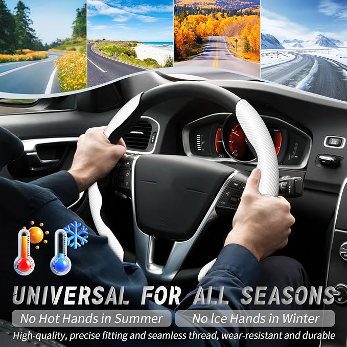 2pcs Car Steering Wheel Cover,Anti-Skid Carbon Fiber Steering Wheel Protector for Men Women,Multiple Color Options,Universal for Most Car Interiors Accessories (White)