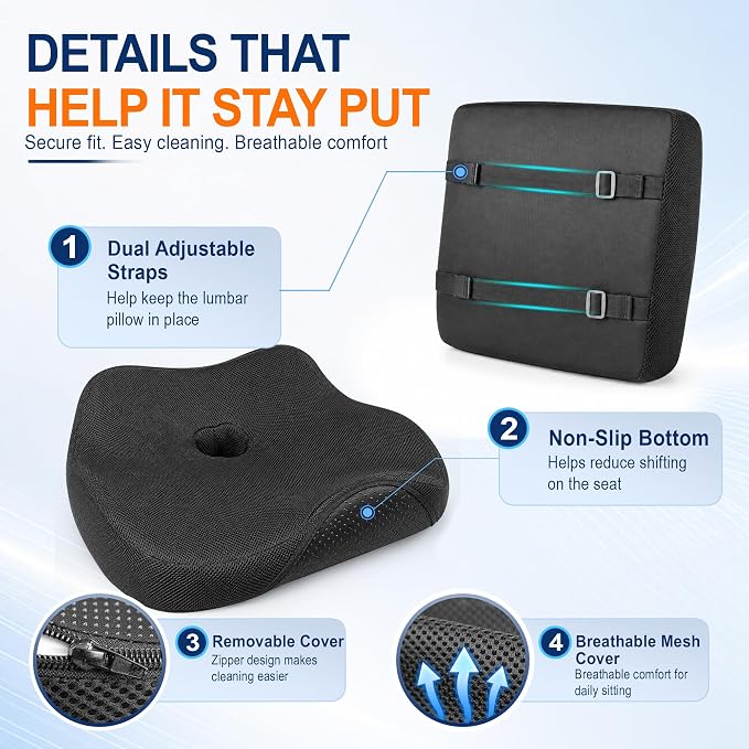 Car Seat Cushion and Lumbar Back Support Pillow Set for Driving | Memory Foam Car Seat Cushions, Back Support for Car, Car Cushion for Height, Pressure Relief for Trucks, Office Chairs, Black