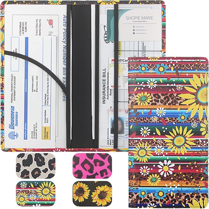 Premium Car Registration & Insurance Card Holder with Magnetic Shut, Vehicle Glove Box Car Organizer - For Documents, Cards, License (Sunflower A)