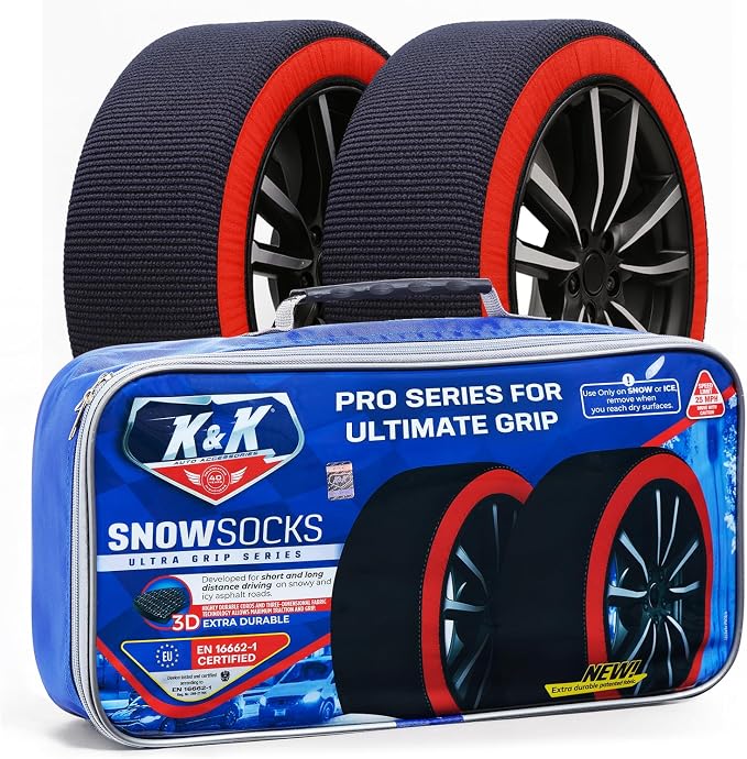 K&K Auto Snow Socks for Tires – Pro Series for Ultimate Grip Approved Snow Chain Alternative Traction Device – Tire Sock for Car SUV Van Minivan – Winter Travel Accessory Emergency Kit – XL (2pcs)
