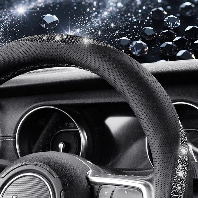 Sparkly Diamond Steering Wheel Cover, Bling Rhinestone Breathable Leather Car Protector, Universal 15 Inch Fit for Women Girls, Anti-Slip Comfortable, Black