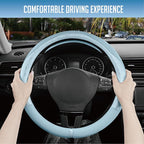 Steering Wheel Cover, Light Blue Patterned Leather Patchwork Design, Universal Fit 14.5"–15.5", Anti-Slip, Odor-Free, Soft PU Grain Leather, Durable Grip Car Accessory for Girls & Women
