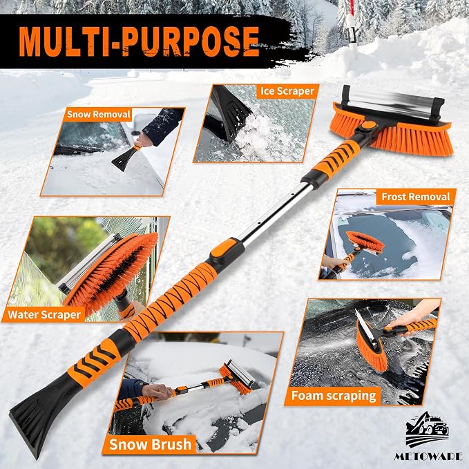 44'' Snow Brush and Ice Scrapers for Car Windshield, Extendable Snow Brush for Car with Ergonomic Foam Grip and 360° Pivoting Brush Head for Car SUV Truck