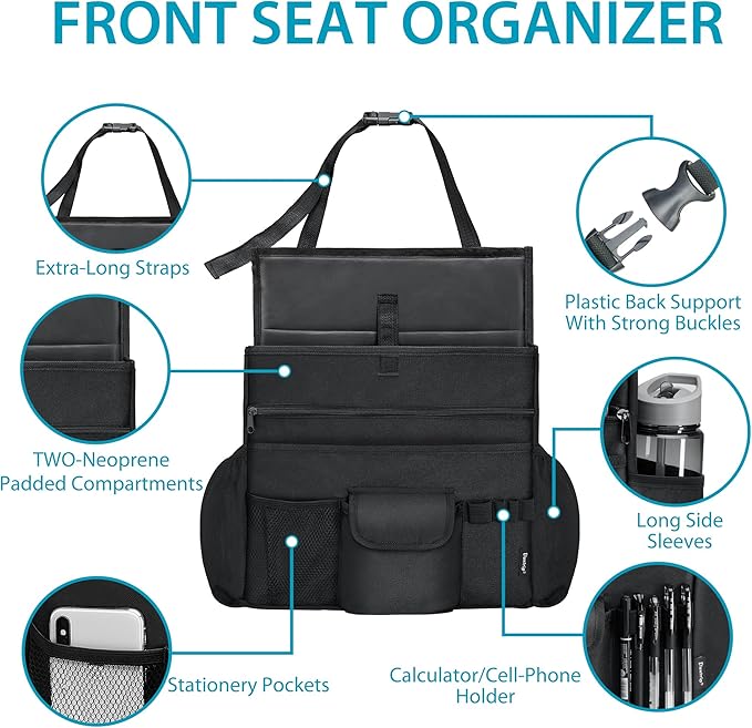 Car Front Seat Organizer, Back Seat Storage with Adjustable Straps Truck Seat Organizers for Delivery Drive, Office File, Passenger Seat