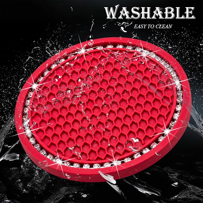4PCS Bling Cup Holder Coaster, 2.75 Inch Auto Car Cup Holder Insert Coasters, Soft Silicone Anti-Slip Shockproof, Universal Vehicle Interior Accessories for Women Girls (Red & White)