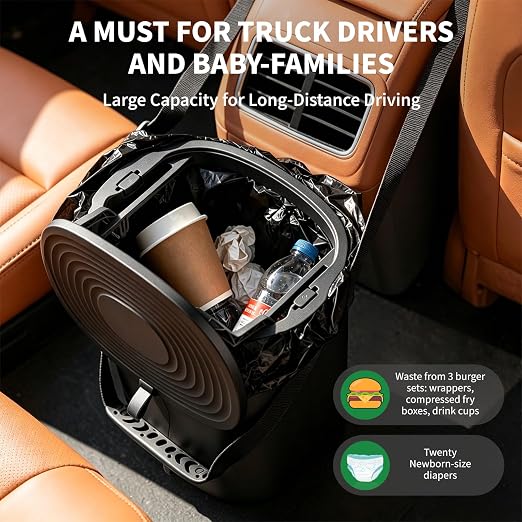 Trash Can for Car Garbage with Lid, Leakproof 100% Silicone Car for Vehicle, Sedan, SUV, Van, MPV & Truck, 2 Gallon Waterproof Auto Waste Bin for Back Seat, Odor-Sealing Vehicle Organizer, Black