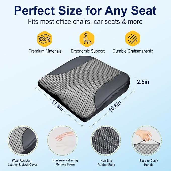 Car Seat Cushion – Memory Foam Pad for Driving Comfort – Boosts Height and Relieves Coccyx & Lower Back Pain – Car, Truck, Office Chair (Leather Black & 4D Mesh Gray)