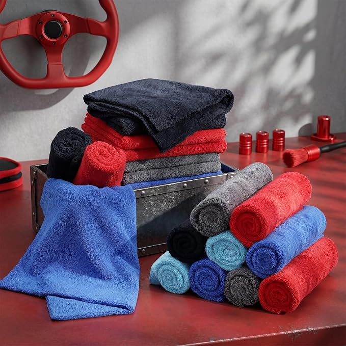30 Pcs 16 x 16 Inch Edgeless Microfiber Plush Towels for Cars Detailing Drying Wash Polishing Absorbent Cleaning Cloths, 500 GSM (Blue, Light Blue, Black, Grey, Red)