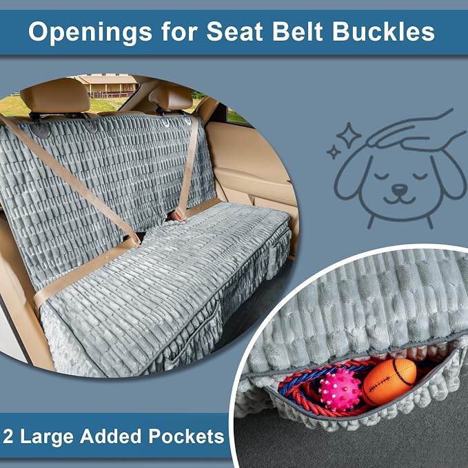 Dog Car Seat Cover for Back Seat, Soft Plush Waterproof Pet Protector with Non-Slip Bottom, Full Coverage Bench Cover Against Hair, Dirt and Scratches for Cars SUVs and Trucks (Grey, Back)