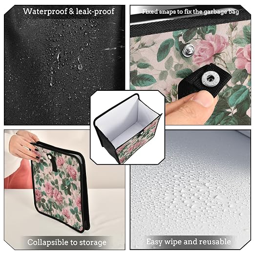 Car Trash Can Organizer Bin with Adjustable Strap for Back Front Seat Console Waterproof Leakproof Collapsible Portable 11 Inch Pink Vintage Roses with Leaves
