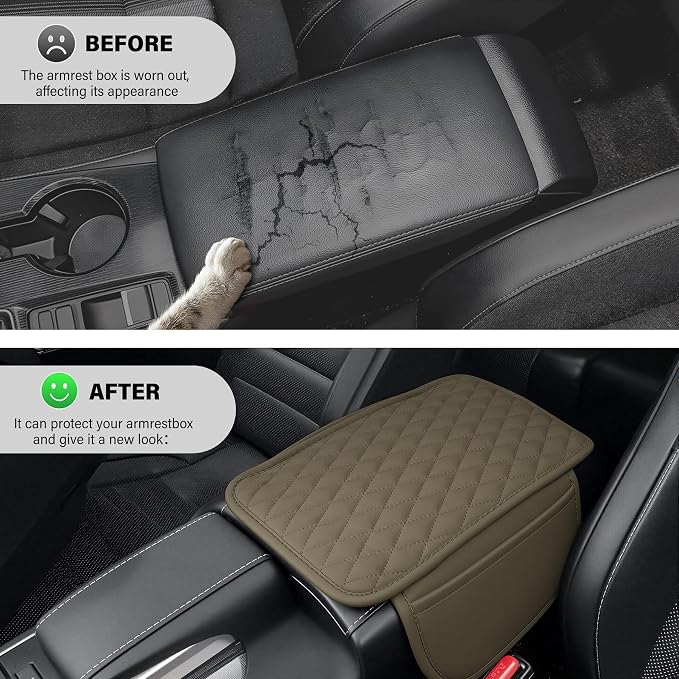 Car Center Console Cover, Upgraded Leather Car Armrest Cushion with 2 Storage Pockets, Universal Waterproof Cushion Pad, Non-Slip Car Interior Accessories, Fits Most Sedans SUVs Trucks (Beige)