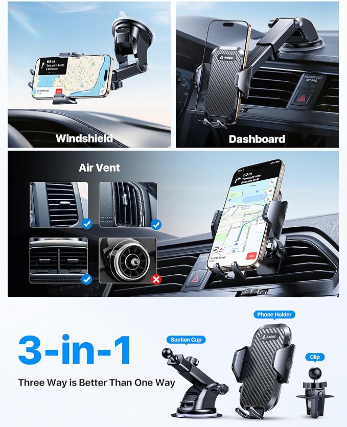 Car Phone Holder, 2026 Military-Grade 89lbs Strongest Suction Phone Holders for Your Car Dashboard/Windshield/Vent Easy Clamp Car Phone Mount Stand for iPhone 17 16 15 14 13 Pro Max Samsung