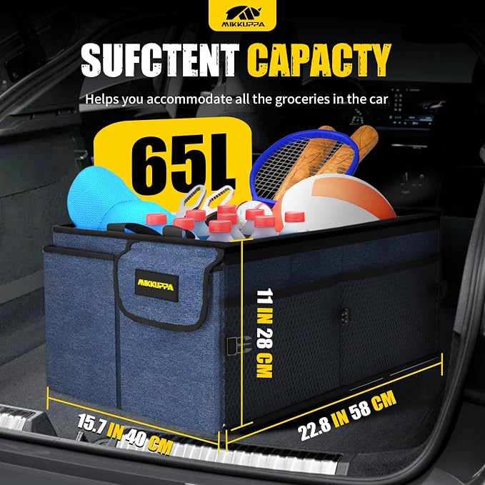 Car Trunk Organizer with Cooler - 65L Collapsible Trunk Organizer with Lid, Sturdy Car Storage for SUV Auto Truck Van with Adjustable Straps and Non Slip Bottom (Blue)