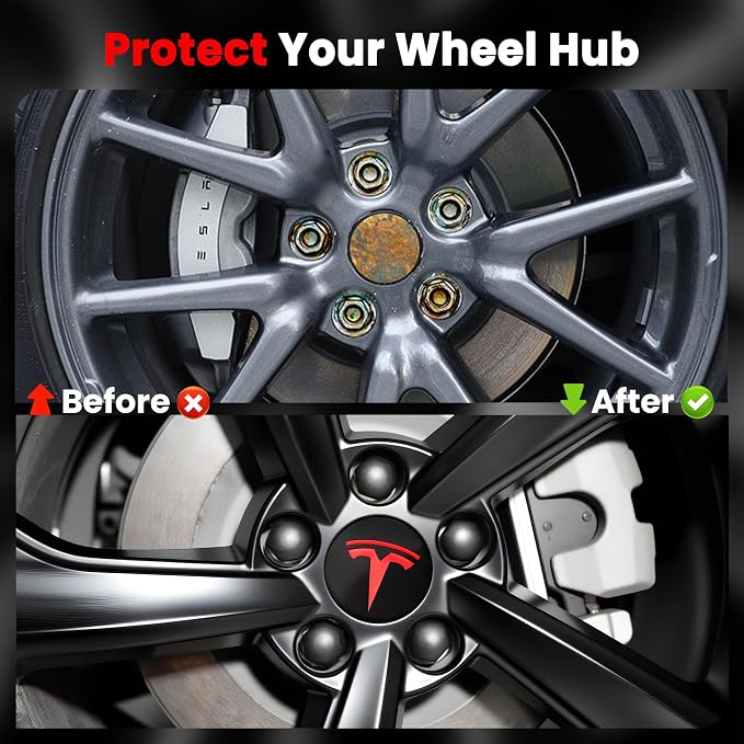 4 Pack Car Wheel Center Hub Cap Kit with 22 Lug Nut Covers, 2.2 in (56mm) Wheel Rim Covers Center Hubcaps with Emblem for Model 3 Y, Black & Red Gray & Silver Exterior Decoration for Tesla