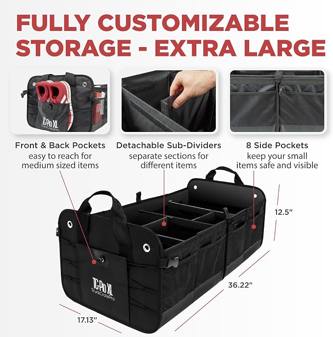 XL Heavy-Duty Trunk Organizer – Reinforced SUV & Truck Cargo Storage with 6 Adjustable Compartments, Non-Slip Base & Securing Straps (Foldable Design, Black)