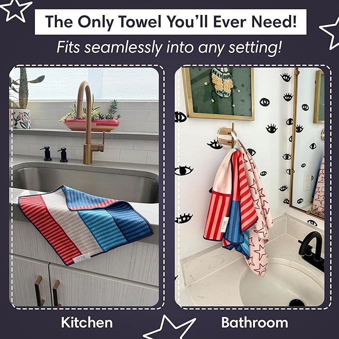 Microfiber Hand Towel & Washcloth Set of 2 - Double-Sided, Waffle Weave, Super Absorbent, Lint-Free, Fast Drying -for Bathroom, Kitchen, Car, and Window Cleaning (Stars & Stripes - Red, Blue, Cream)