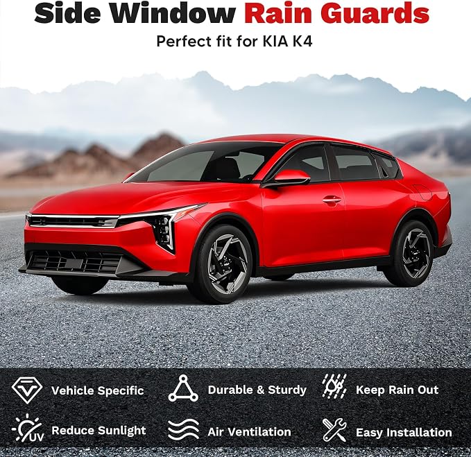 K4 Rain Guards - Window Visors for KIA K4 2025 2026, Outside-Mount Tape-On Side Window Wind Deflectors for Kia K4 Accessories, Vent Visors Shades Rainproof Black 6PCS