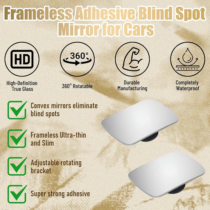 4PCS Car Blind Spot Mirror, Wide Angle HD Glass Rectangle Convex Frameless Side Blindspot Mirror with Adjustable Stick, Auto Exterior Rear View for Wide Angle, Universal for Vehicles (B)