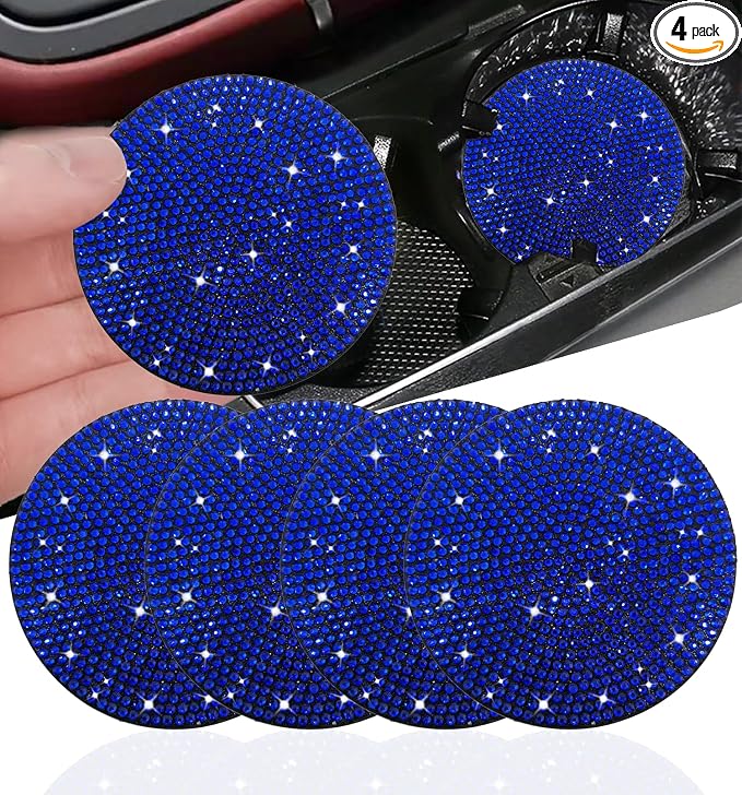 4pcs Bling Car Cup Holder Coaster, 2.75 inch Anti-Slip Shockproof Universal Fashion Car Coasters Insert Bling Crystal Rhinestone Automotive Interior Accessories for Women (Blue)