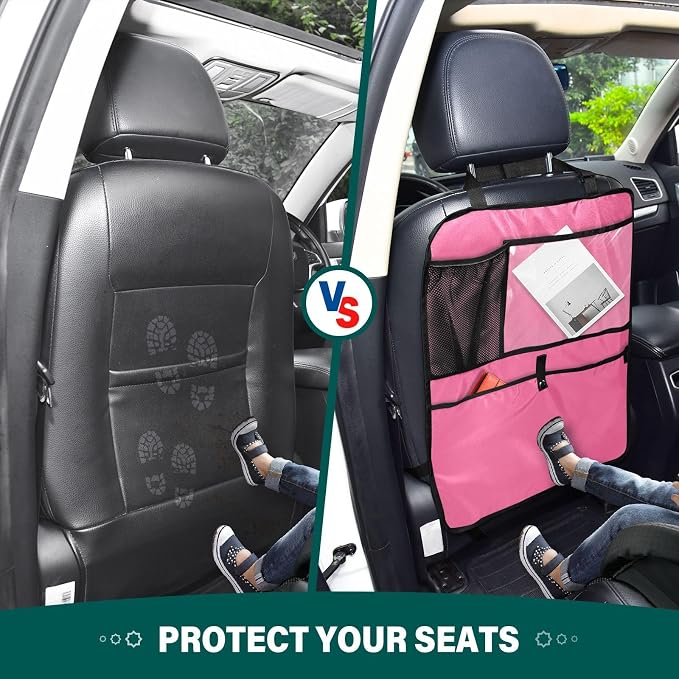 Neon Pink Car Seat Organizer for Kids Backseat Kick Mat with Adjustable Strap Back Seat Protector for Cars SUV Vehicle 1 Pcs