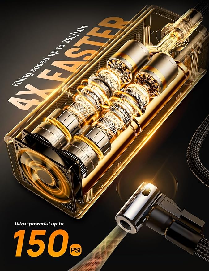 Portable Car Tire Inflator - Air Compressor [150 PSI] [4X Faster] Cordless Car Air Pump Rechargeable, Pressure Gauge Display, LED Light, for Cars, Motorcycles, Bike, Wheels Accessories Gifts