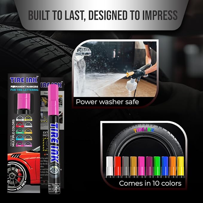 Color Tire Paint Pen - Waterproof Permanent Paint Pens for Car Wheels Lettering | Car Wash Safe and Durable | Made in Japan (Pink, 1 Pen)