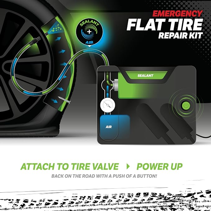 50139 Flat Tire Puncture Emergency Kit, Includes Sealant and Tire Inflator Pump, Analog, Suitable for Cars and Other Highway Vehicles, 10 Min Fix