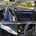 Car Steering Wheel Cover for Prius Civic Model 3 Model Y Camaro, Small Size 14-14.25 inch, Black and Blue Microfiber Leather