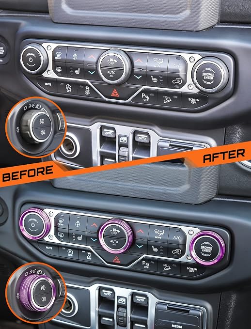 Climate Control Panel Knob Trim Kit & Light Control Switch Cover, Air Conditioner Knob Aluminum Alloy Ring for 2018-2024 Jeep Wrangler JL JLU & Gladiator JT, Interior Accessories, Purple