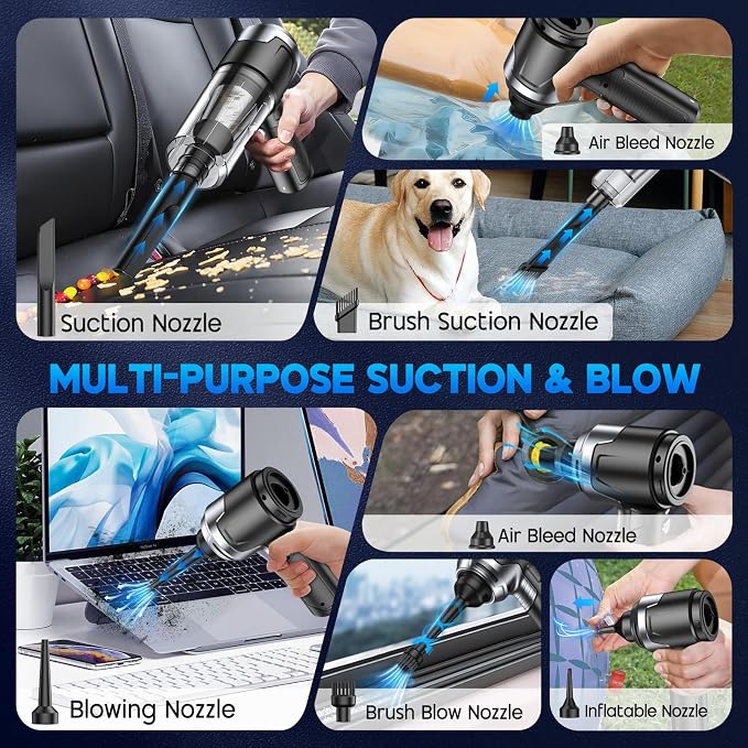 Handheld Car Vacuum Cleaner, 10000PA Vacuum Cleaner & Air Duster, 120W High Power Vacuum Portable Cordless, Hand Held Vacuum Rechargeable with Multi-Nozzles & LED Light for Home, Car, Office