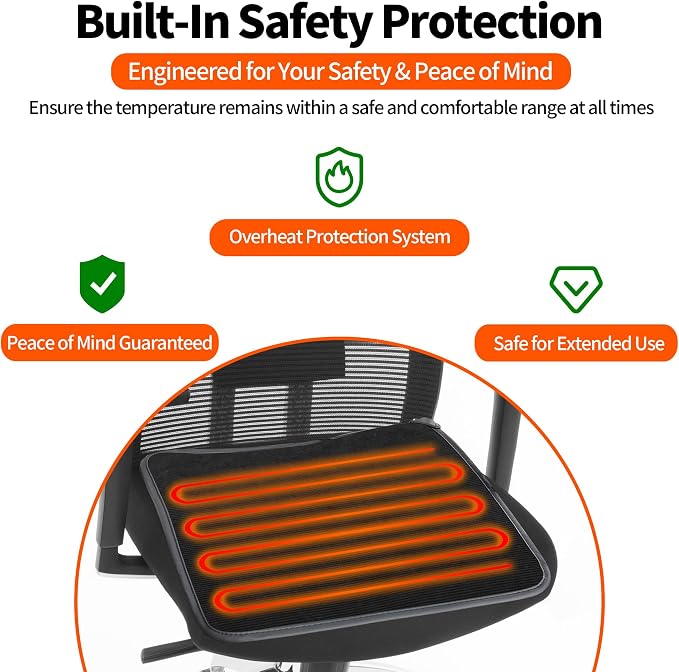 Heated Seat Cushion with 7 Heat Settings & 12-Hour Timer Shut-Off Function Office Chair Pad, Auto Shut-Off Protection, Soft Plush Cover, Non-Slip Bottom for Office Chair & Wheelchair (Black)