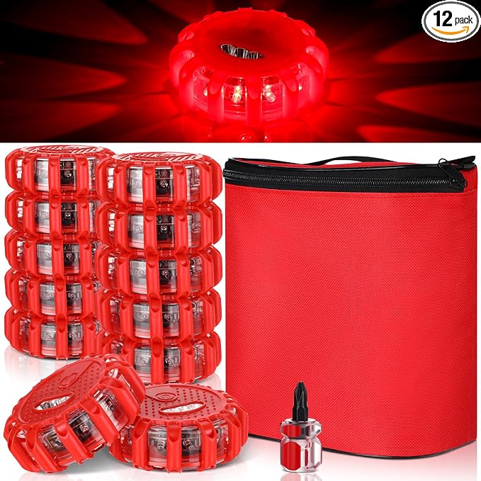 12 Pack LED Road Flares Emergency Lights Roadside 9 Flash Modes Warning Car Safety Beacon Magnet Hook Flashing Disc Flare Kit for Vehicles Car Truck Boats Holiday Gift(Red)