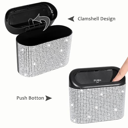 Bling Car Trash Can with Lid, Mini Auto Garbage Storage Bin with 60pcs Garbage Bags, Sparkling Crystal Trash Bags Holder Dustbin Vehicle Accessories Container Organizer (White Rhinestone)