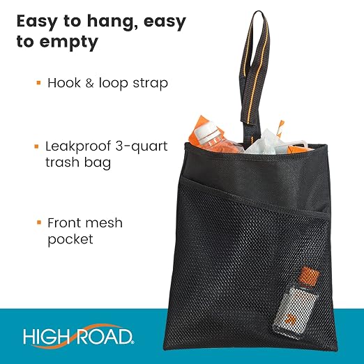 Small Hanging Car Trash Bag with Waterproof Liner, Storage Pocket and Adjustable Strap - Hangs from Handles or Headrest Posts Without Taking Up Legroom