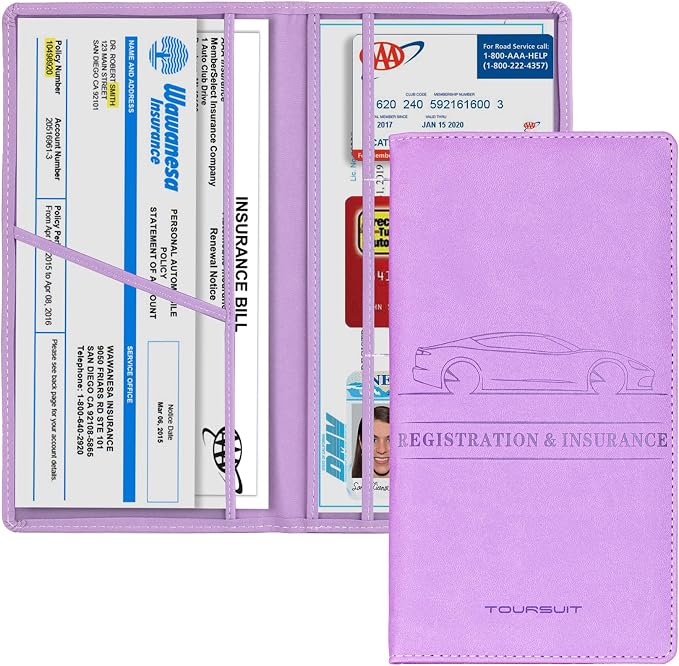 Car Registration and Insurance Card Holder, Vehicle License Document Glove Box Compartment Organizer, Interior Car Accessories for Women Men (Purple)