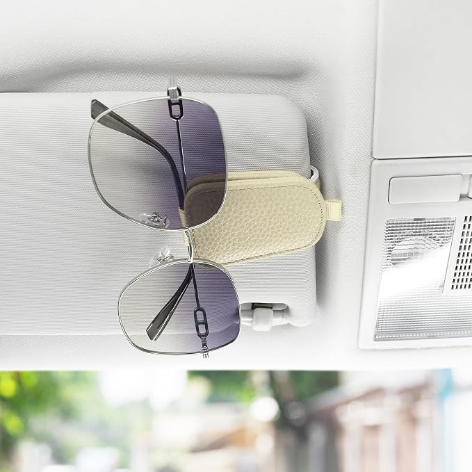 Sunglasses Holder for Car, Leather Magnetic Buckle Sun Visor Sunglass Clip, Ticket Card Storage Glasses Clip, Car Interior Accessories for Men and Women（2PCS Beige）