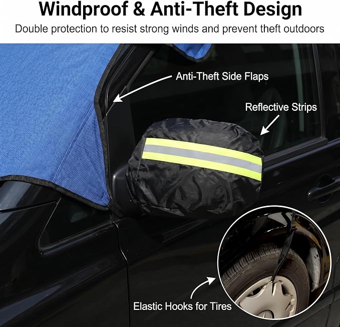 Windshield Cover for Pickup Trucks SUVs Sedans, Heavy Duty Waterproof All-Season Snow Ice Sun Protector, Universal Car Windshield Guard with Anti-Theft Side Flaps, Heat Shield, Blue