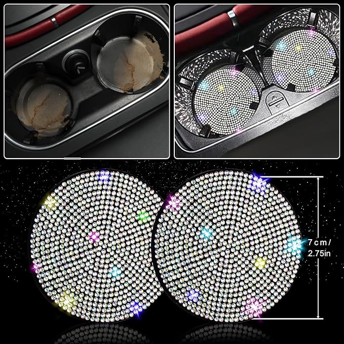 12 Pcs Bling Car Accessories Set for Women Car Floor Mats Full Set Steering Wheel Cover Seat Belt Covers Coasters Universal Fit Car SUV Truck Van Multicolor