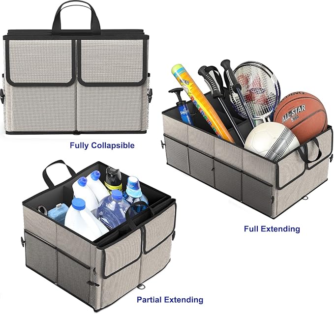 Foldable Car Trunk Organizer for SUV, 3-Compartment, Gray | with Removable Divider, Side Pockets and Securing Straps